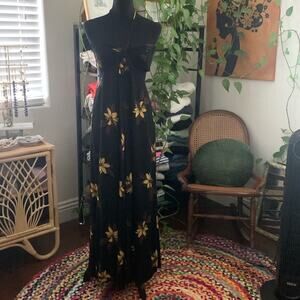 Free People Black Hawaiian Floral Bandeau Bust Open Back Halter Boho Maxi Dress